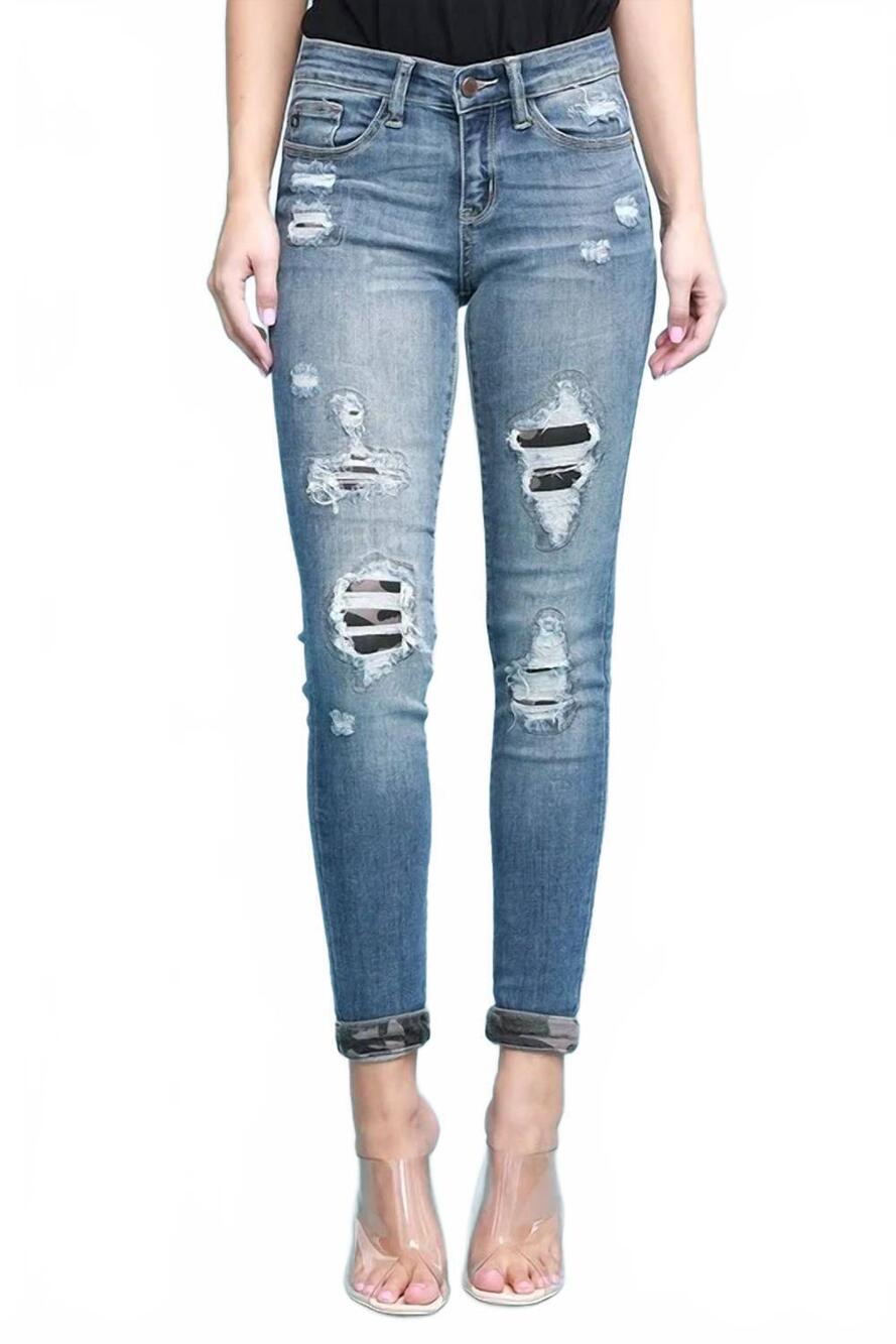 NEW JUDY BLUE camo patch skinny denim jeans in blue
